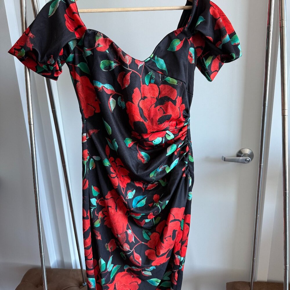 ASOS Tall - Red/Black Flower Stretch - Off-Shoulder Dress - Size US 10 tall